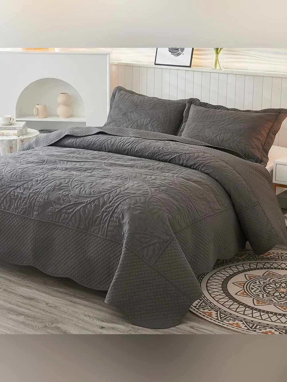 Gray Quilted Cotton king 3 piece  Bedspread Set - Elegant Solid Gray Bedding
